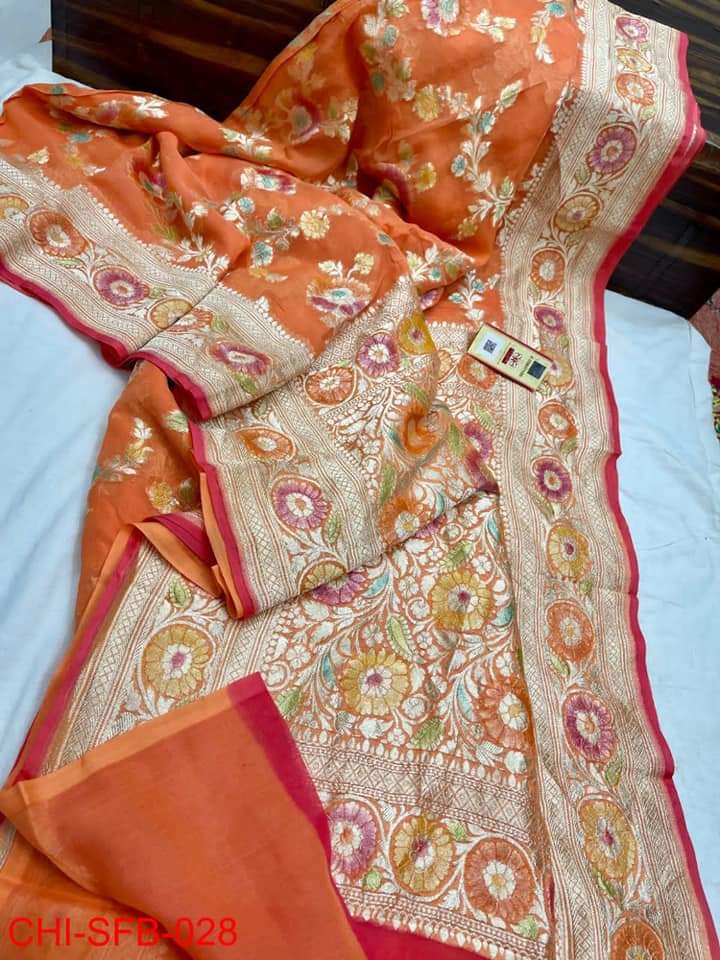 Pure Banarasi Handloom Khaddi Georgette Silk Saree With Water Zari Work ( length- 6.3 meter )