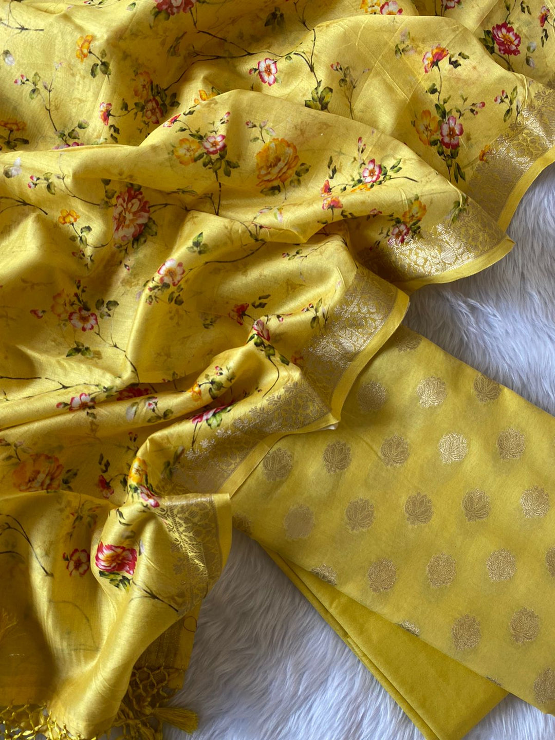 Pure Chanderi Mercerized Zari Woven Unstitched Suit With Pure Chanderi Floral Print Dupatta.