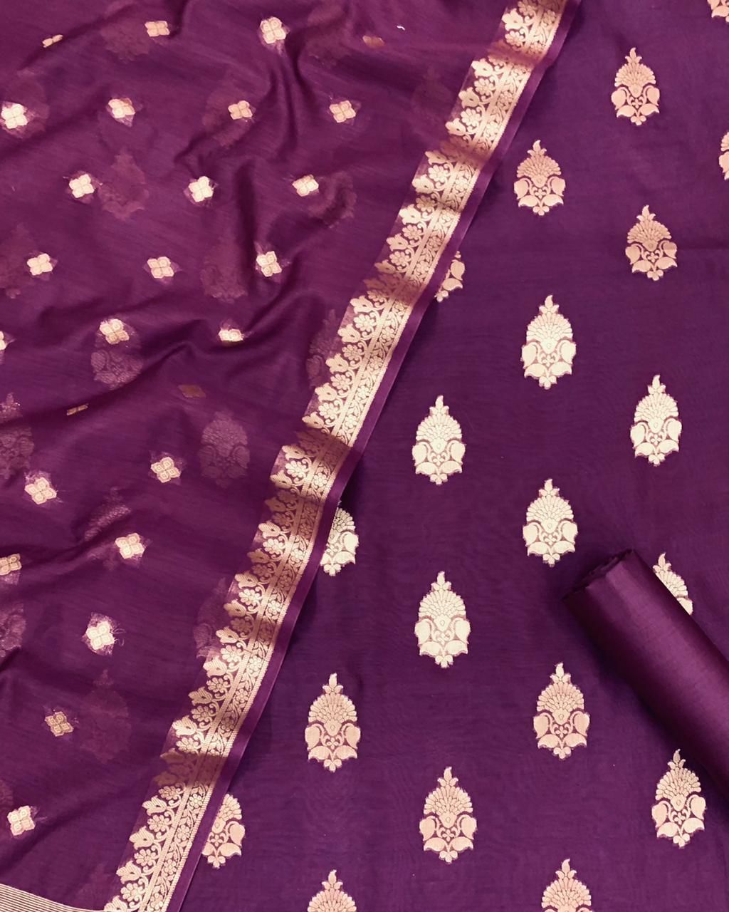 Pure Mercerised Chanderi Almond Zari Buti Weaved Unstitched Suit With Mercerised Buti Dupatta