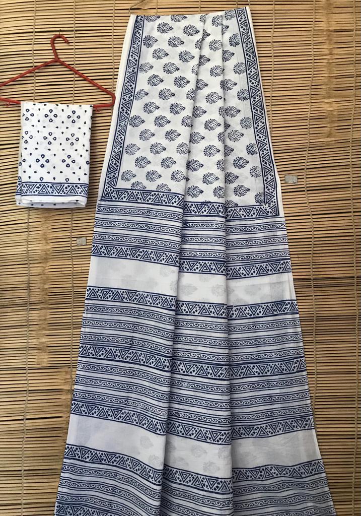 pure cotton Hand block Print Hand Made Saree Length (5.5 meter) Blouse (0.80 cm)