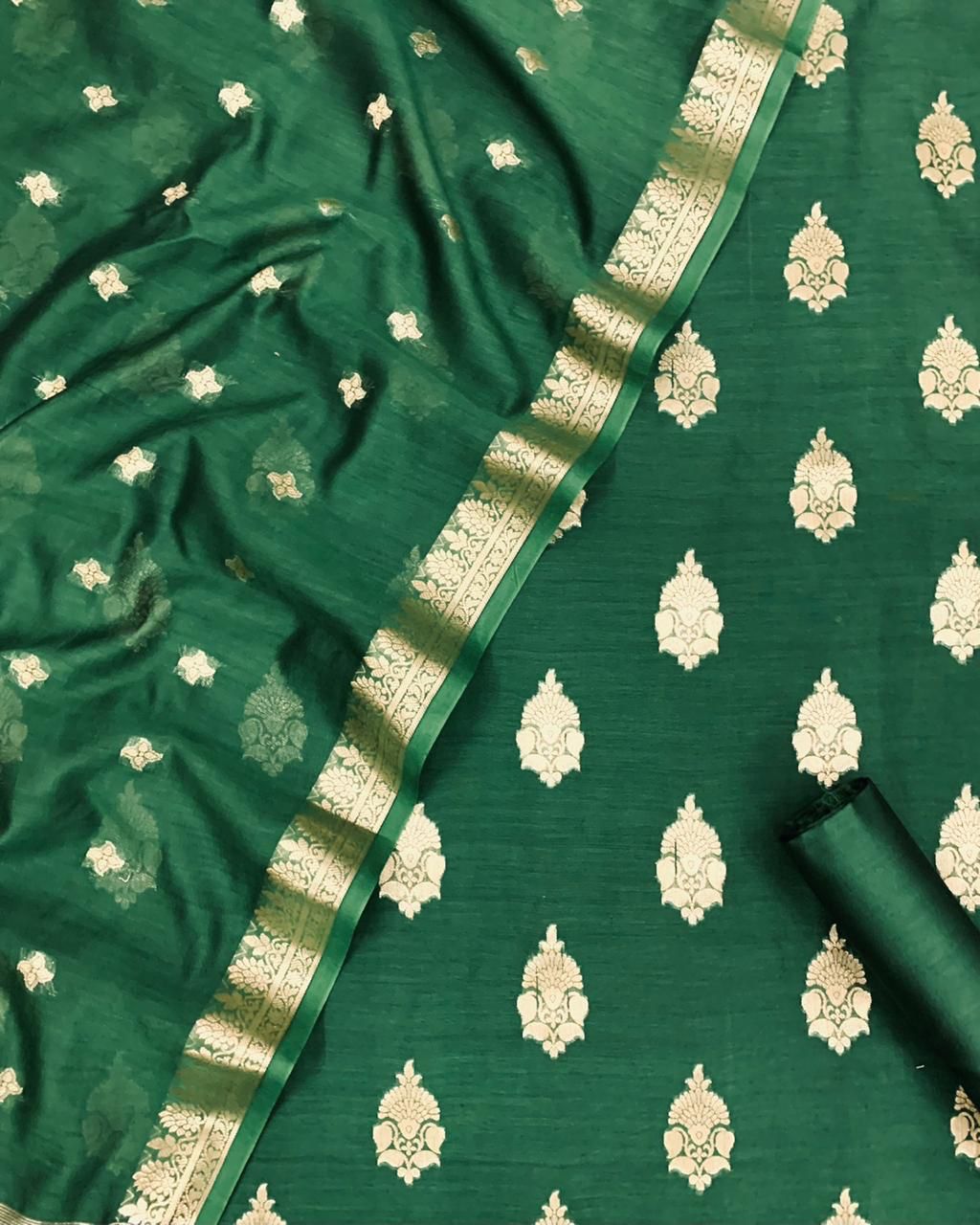 Pure Mercerised Chanderi Almond Zari Buti Weaved Unstitched Suit With Mercerised Buti Dupatta