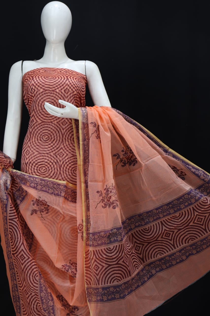 Kota Doriya Hand Block Print Unstitched Suit With Kota Doriya Dupatta