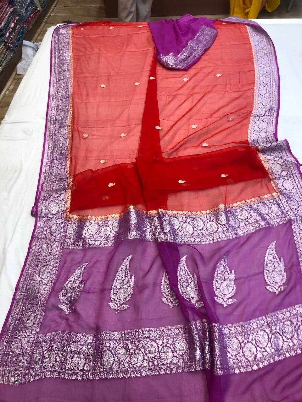 Pure Khaddi Chiffon Georgette Saree with Silver Zari Weaving blouse ( length- 6.3 meter )