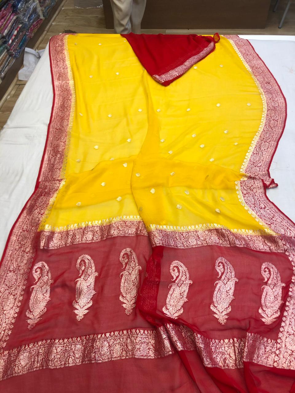 Pure Khaddi Chiffon Georgette Saree with Silver Zari Weaving blouse ( length- 6.3 meter )