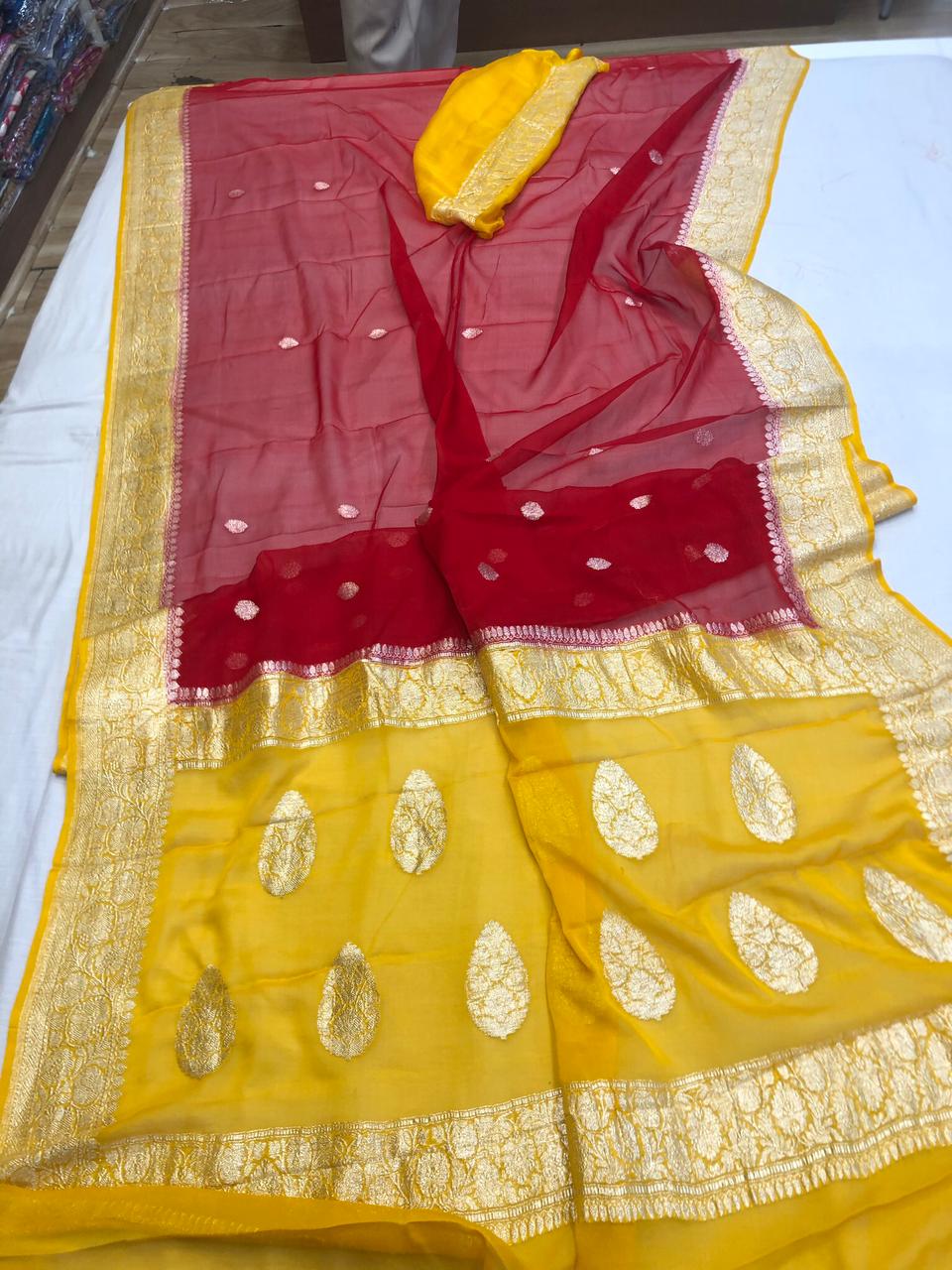 Pure Khaddi Chiffon Georgette Saree with Silver Zari Weaving blouse ( length- 6.3 meter )