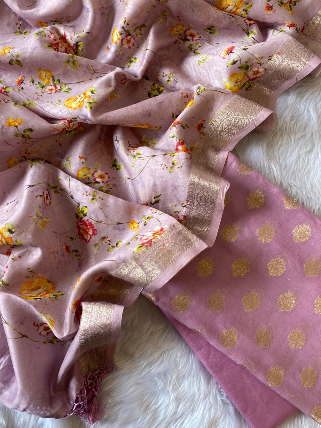 Pure Chanderi Mercerized Zari Woven Unstitched Suit With Pure Chanderi Floral Print Dupatta.
