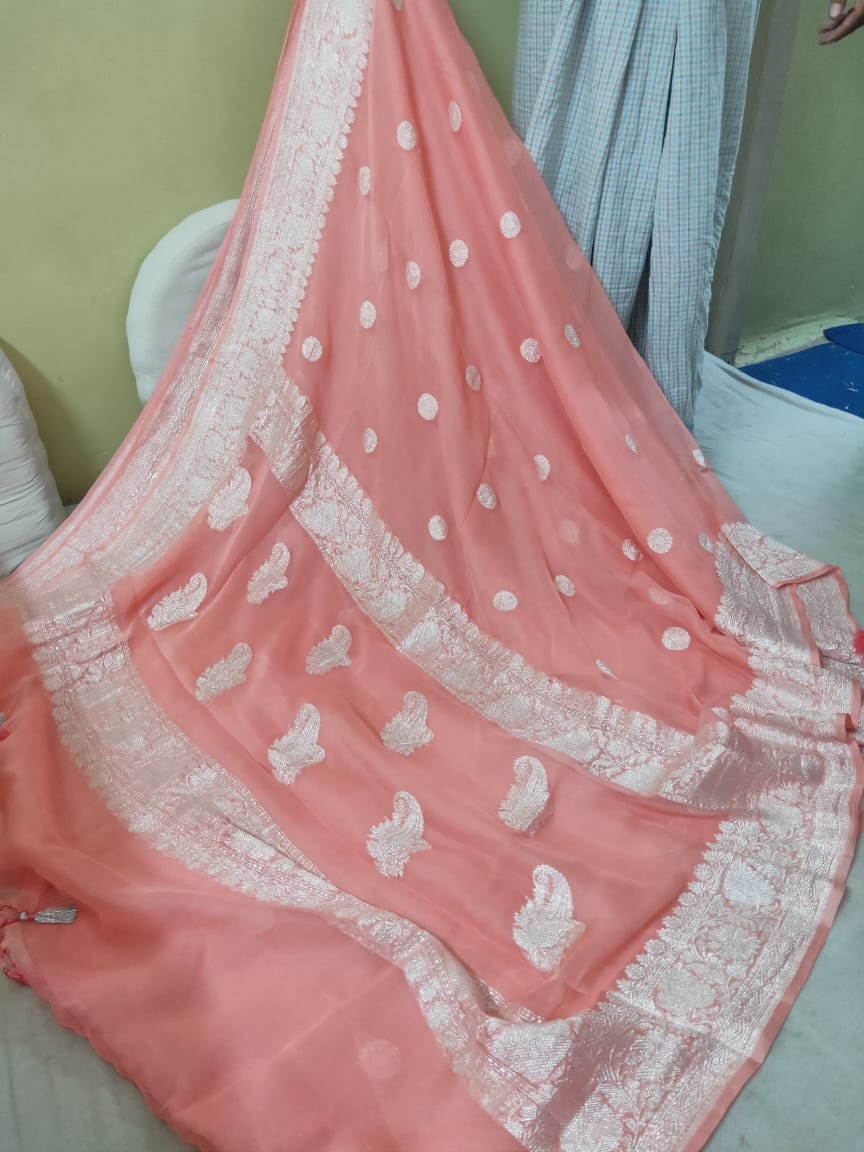 Pure Khaddi Chiffon Georgette Saree with Silver Zari Weaving blouse ( length- 6.3 meter )