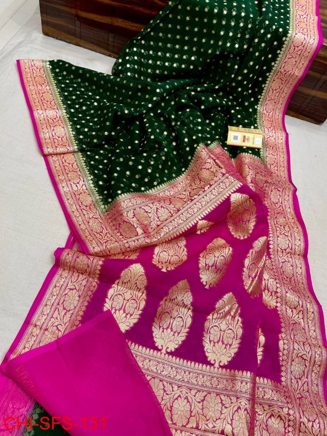 Pure Banarasi Handloom Khaddi Georgette Silk Saree With Zari Work ( length- 6.3 meter )