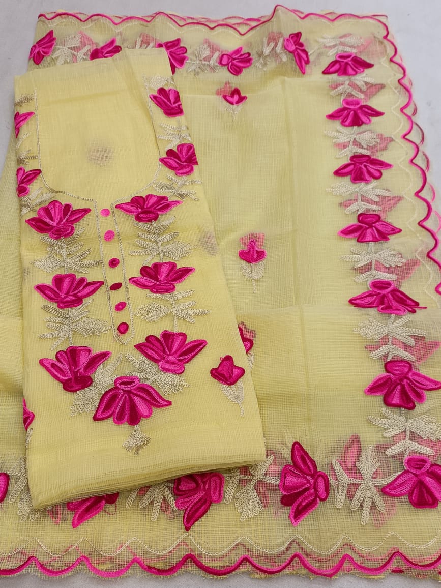 Yellow kota doria salwar suit with aari work