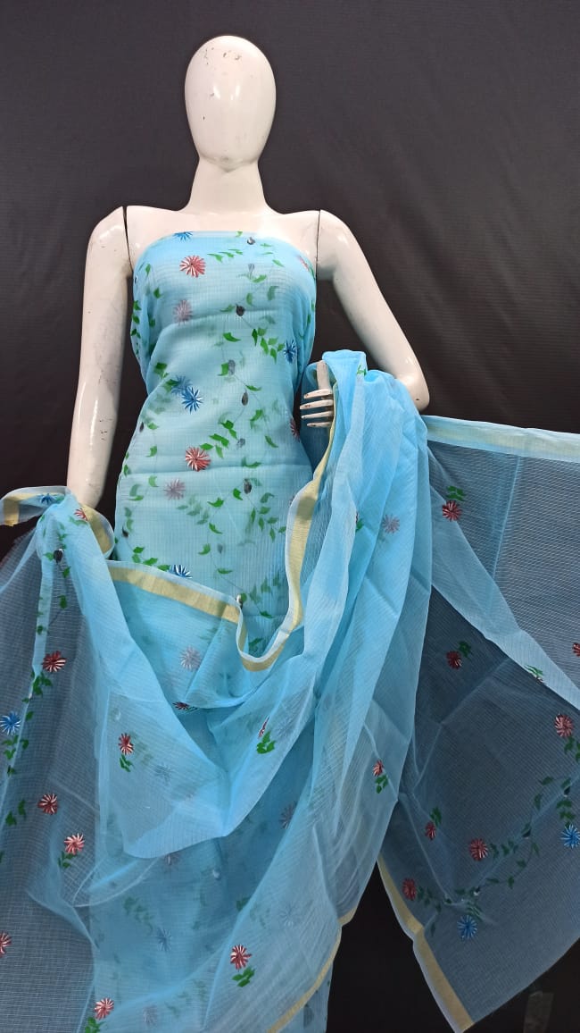 Skye Blue Kota Doriya unstitched suits With Kota Doriya Dupatta
