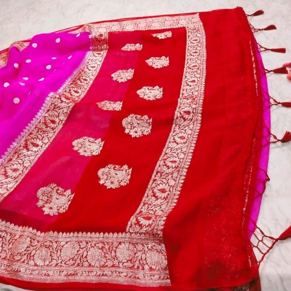 Pure Hand loom Khaddi Chiffon Georgette Saree with Silver Zari Weaving blouse ( length- 6.3 meter )