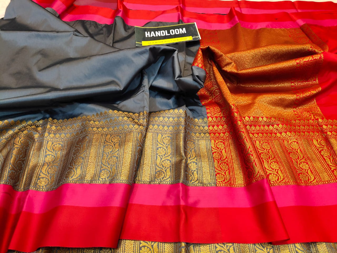Maheshwari blends silk with zari weaving all over With blouse border Rich zari weaved pallu and blouse ( length- 6.3 meter )