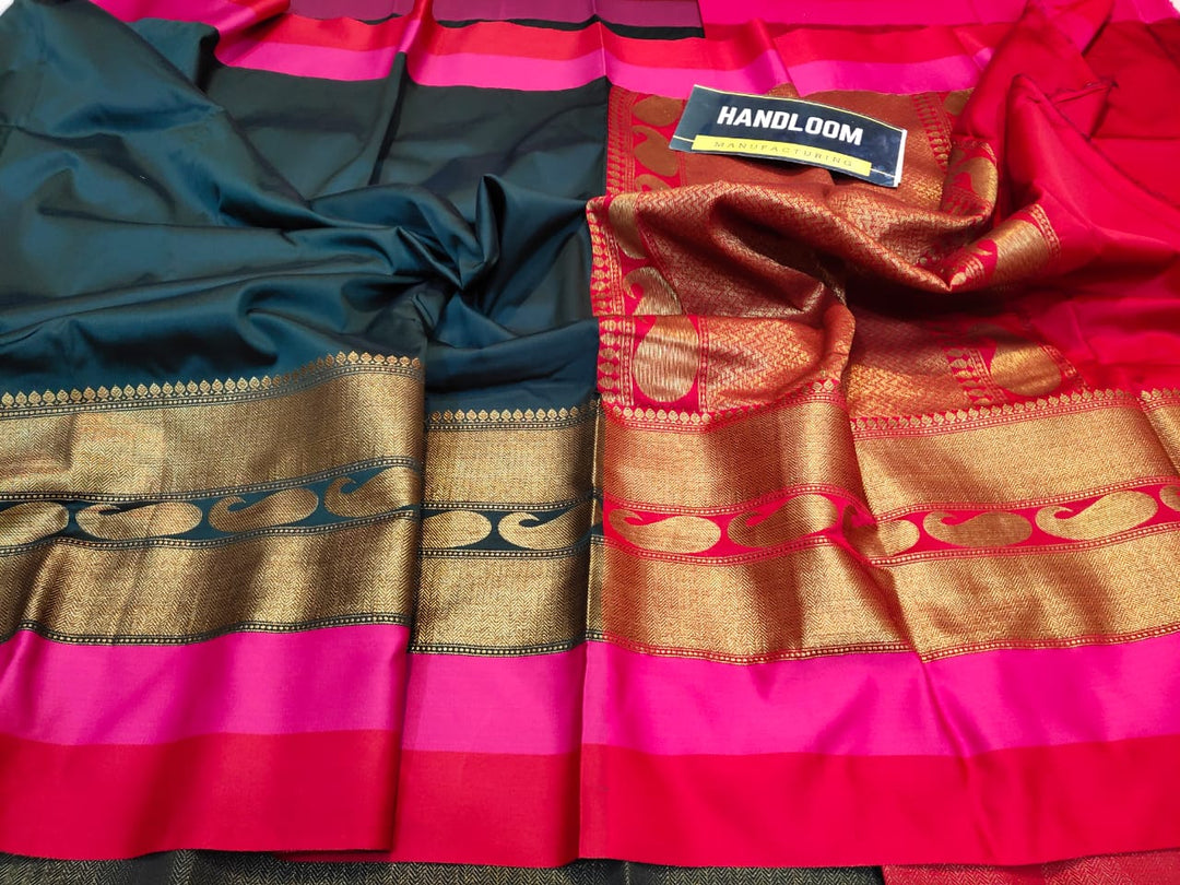 Maheshwari blends silk with zari weaving all over With blouse border Rich zari weaved pallu and blouse ( length- 6.3 meter )