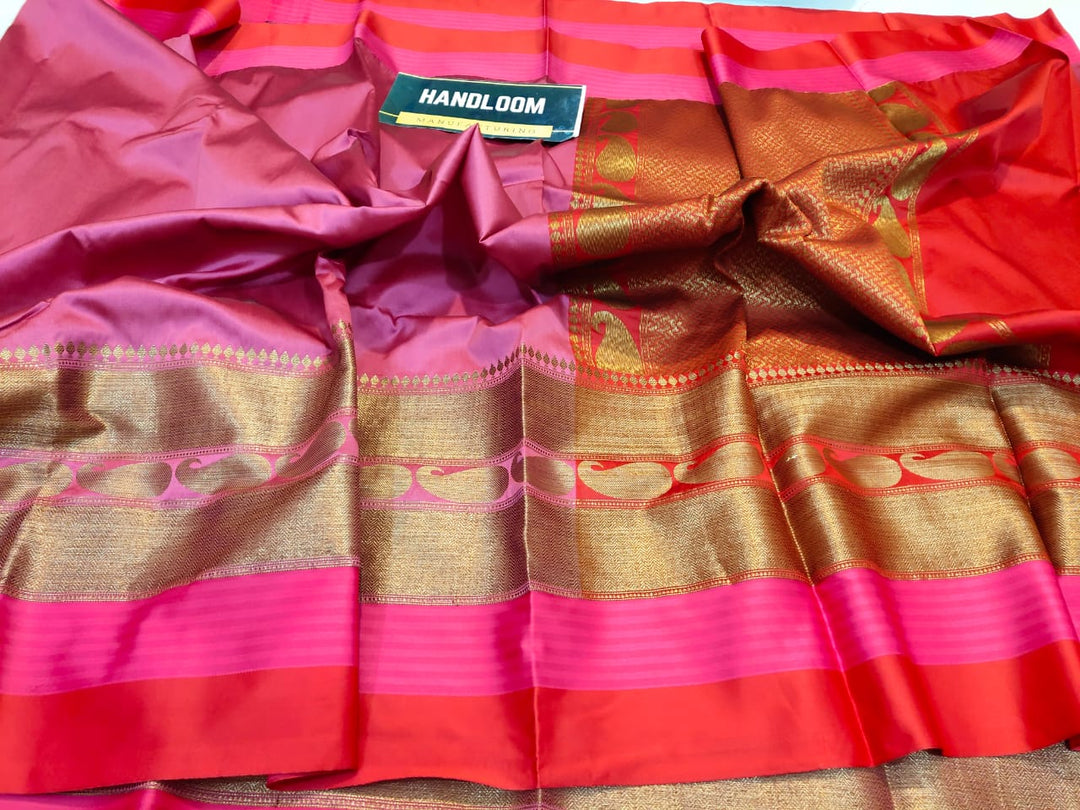 Maheshwari blends silk with zari weaving all over With blouse border Rich zari weaved pallu and blouse ( length- 6.3 meter )