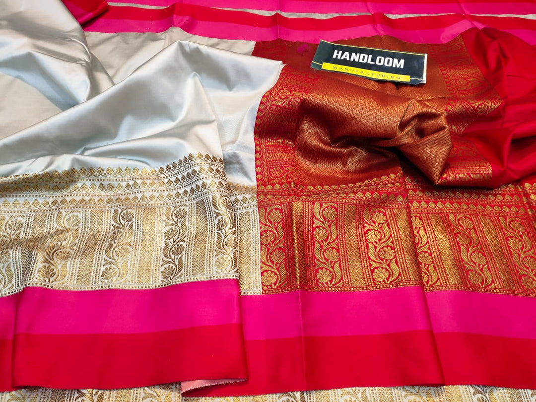 Maheshwari blends silk with zari weaving all over With blouse border Rich zari weaved pallu and blouse ( length- 6.3 meter )