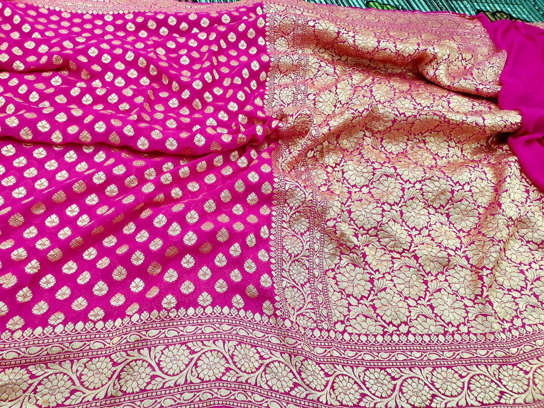 Exclusive Pure Banarasi Khaddi Chiffon Saree with rich pure gold zari buti with traditional banarasi style border and pallu ( length- 6.3 meter )