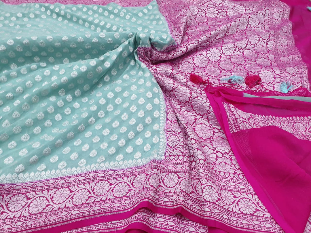 Exclusive Pure Banarasi Khaddi Chiffon Saree with Rich pure Gold Zari Buti With Traditional Banarasi Style Border And Pallu ( length- 6.3 meter )