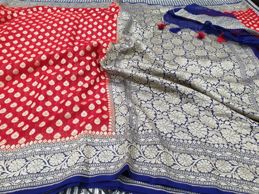 Exclusive Pure Banarasi Khaddi Chiffon Saree with rich pure Gold Zari Buti With Traditional Banarasi Style Border And Pallu ( length- 6.3 meter )