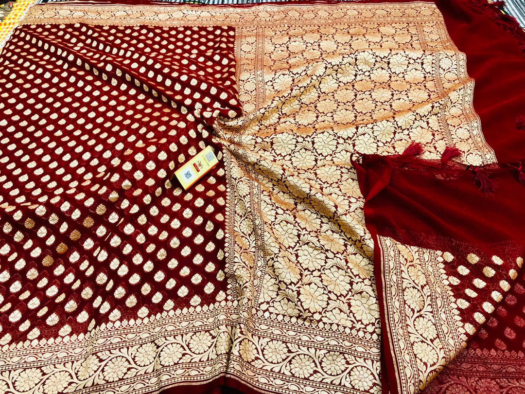 Exclusive Pure Banarasi Khaddi Chiffon Saree with Rich pure Gold Zari Buti , With Traditional Banarasi Style Border And Pallu ( length- 6.3 meter )
