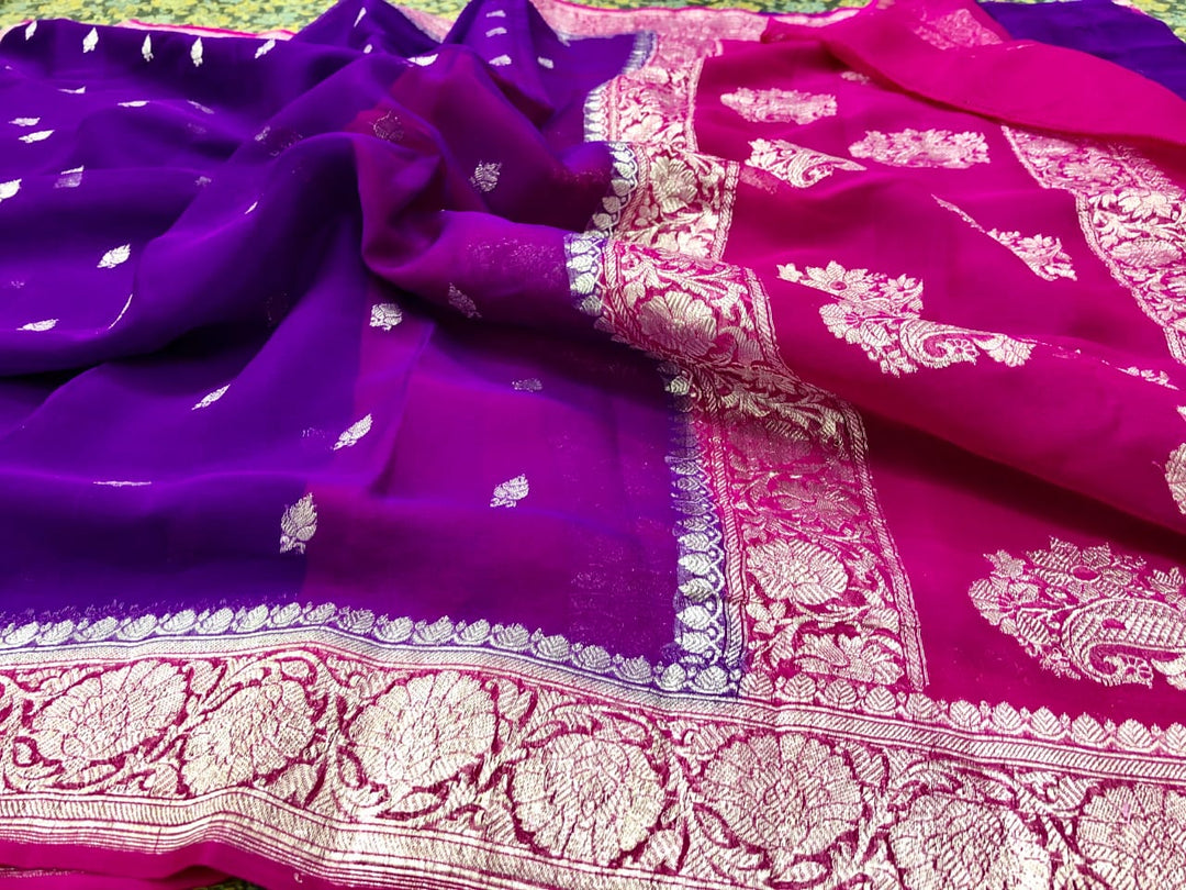 Pure Hand loom Khaddi Chiffon Georgette Saree with Silver Zari Weaving blouse ( length- 6.3 meter )