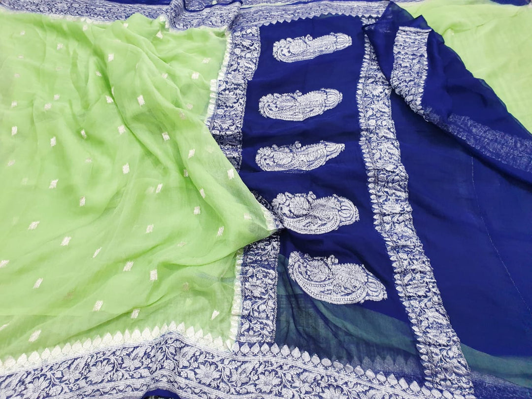 Pure Hand loom Khaddi Chiffon Georgette Saree with Silver Zari Weaving blouse ( length- 6.3 meter )