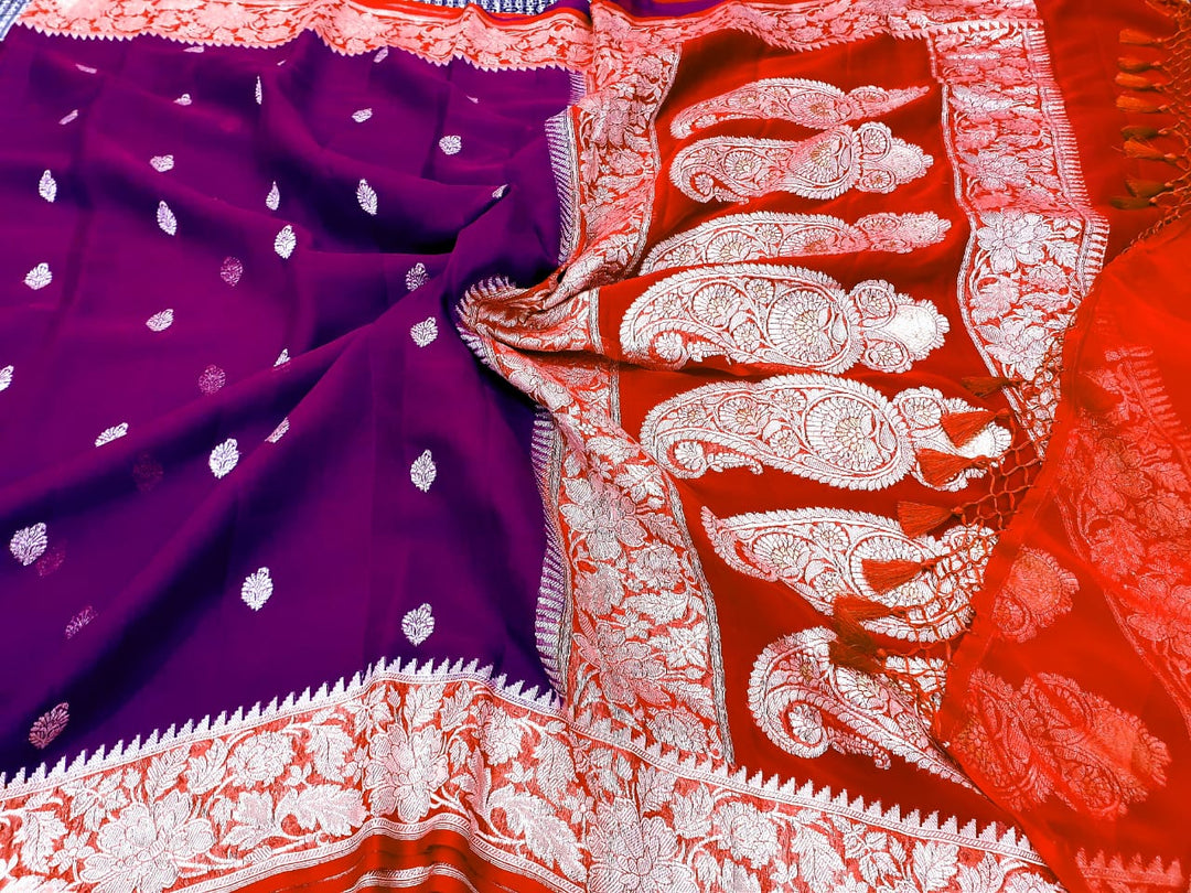 Pure Hand loom Khaddi Chiffon Georgette Saree with Silver Zari Weaving blouse ( length- 6.3 meter )