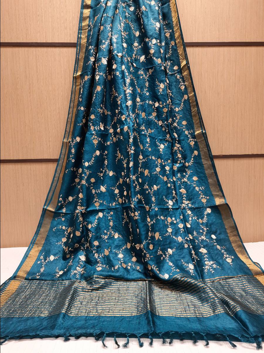 Pure Linen Saree Embroidery Work.( length- 6.3 meter )