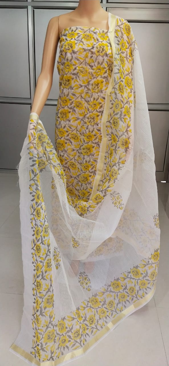 Kota Doriya Hand Block Print unstitched suits With Kota Doriya Dupatta