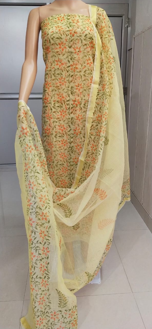 Kota Doriya Hand Block Print unstitched suits With Kota Doriya Dupatta