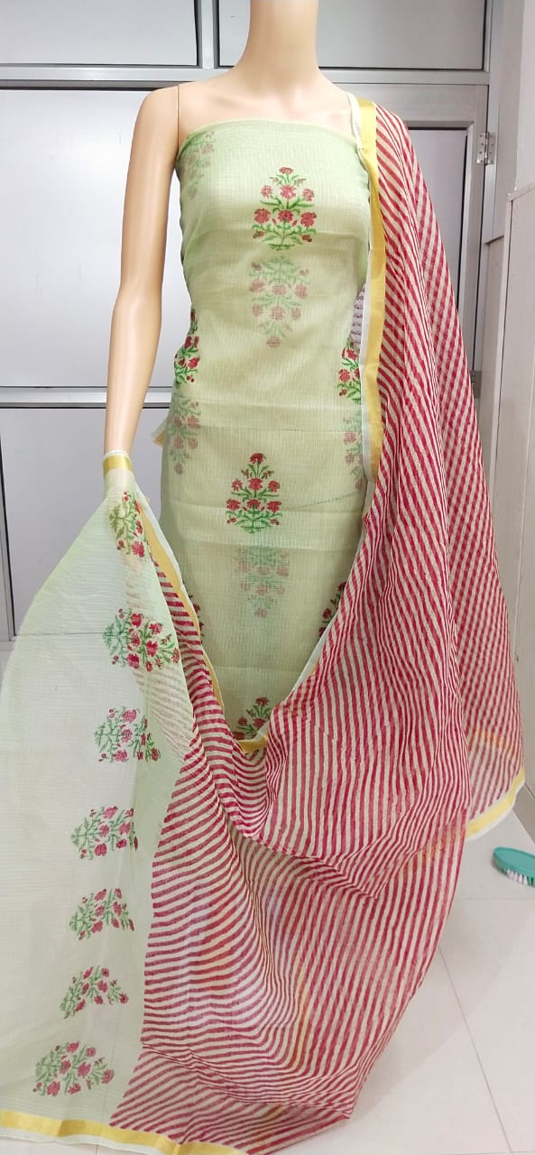 Kota Doriya Hand Block Print unstitched suits With Kota Doriya Dupatta