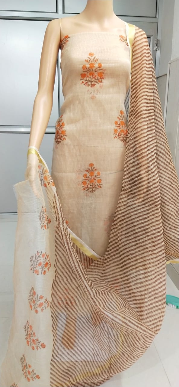Kota Doriya Hand Block Print unstitched suits With Kota Doriya Dupatta