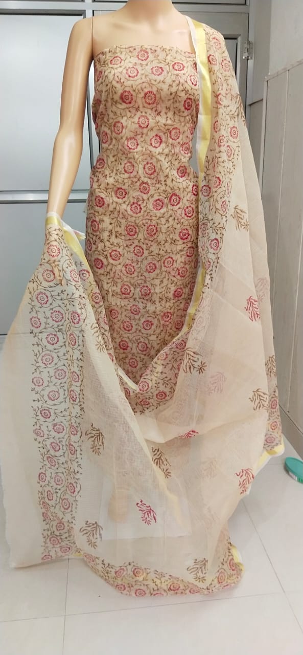 Kota Doriya Hand Block Print unstitched suits With Kota Doriya Dupatta