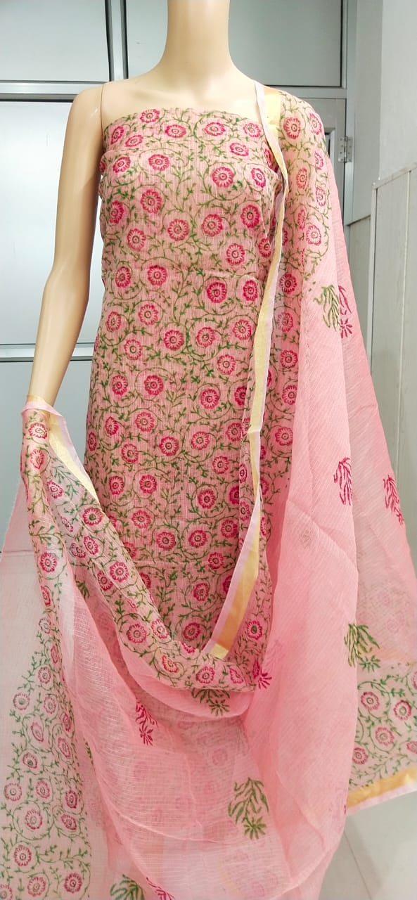 Kota Doriya Hand Block Print unstitched suits With Kota Doriya Dupatta