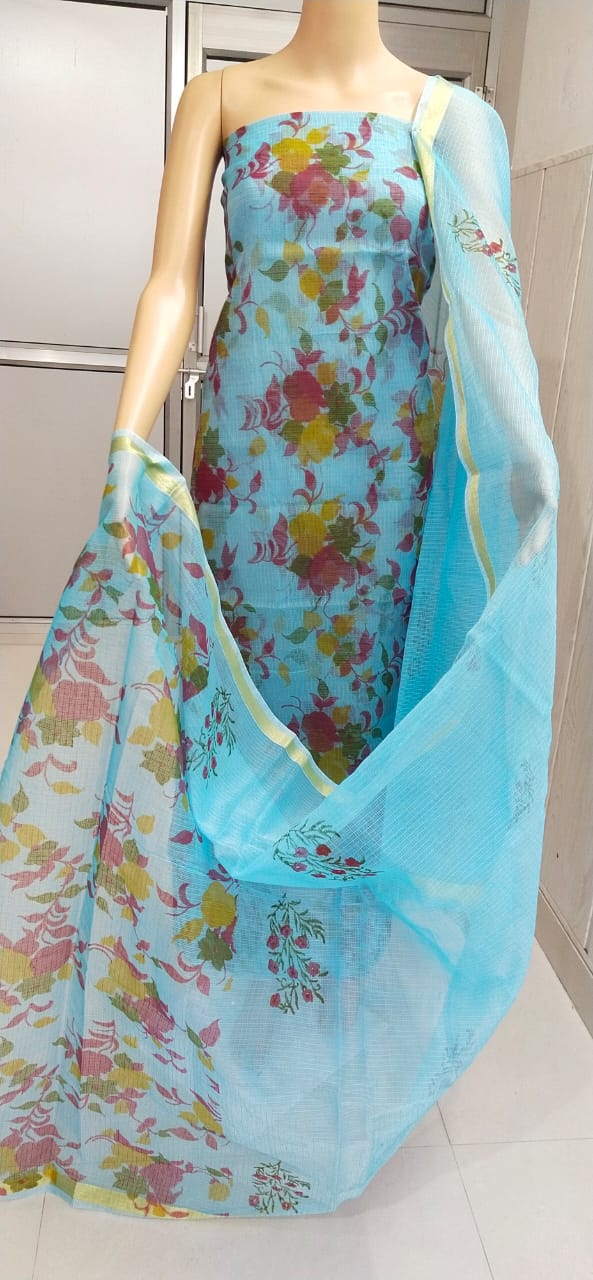 Kota Doriya Hand Block Print unstitched suits With Kota Doriya Dupatta