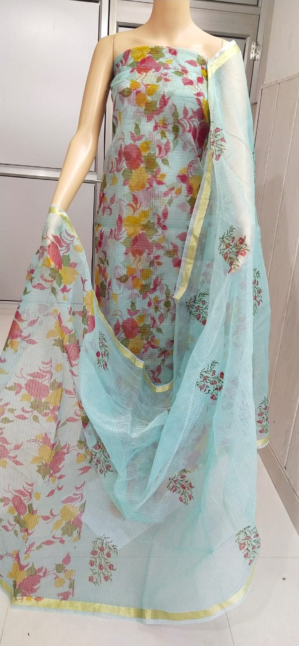 Kota Doriya Hand Block Print unstitched suits With Kota Doriya Dupatta