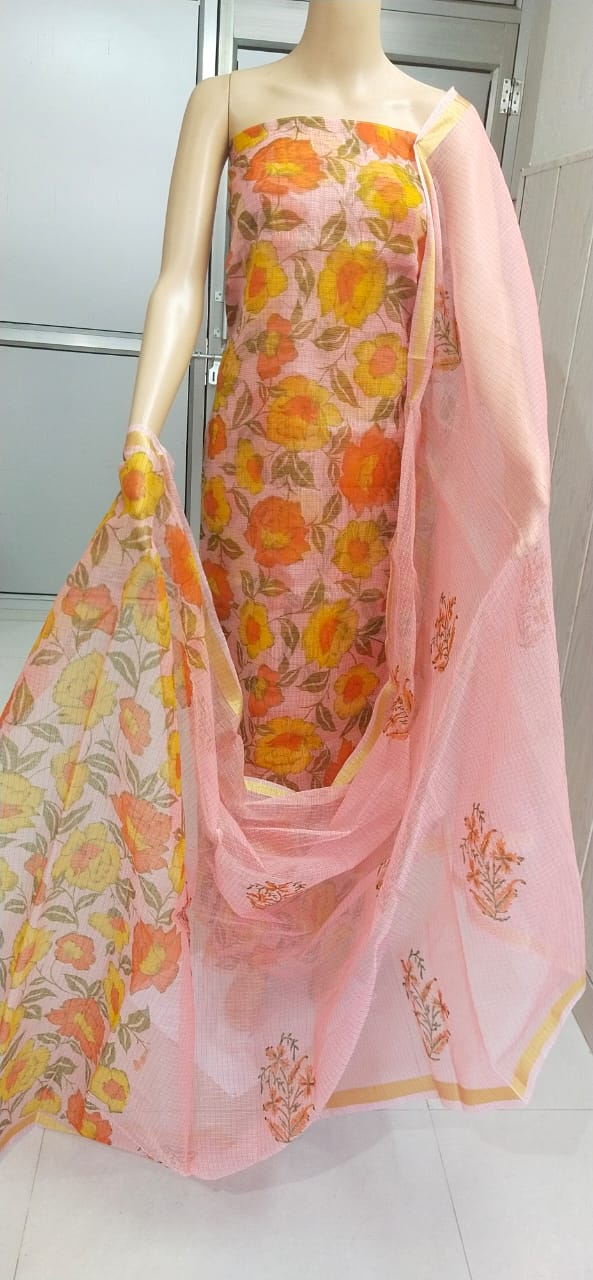 Kota Doriya Hand Block Print unstitched suits With Kota Doriya Dupatta