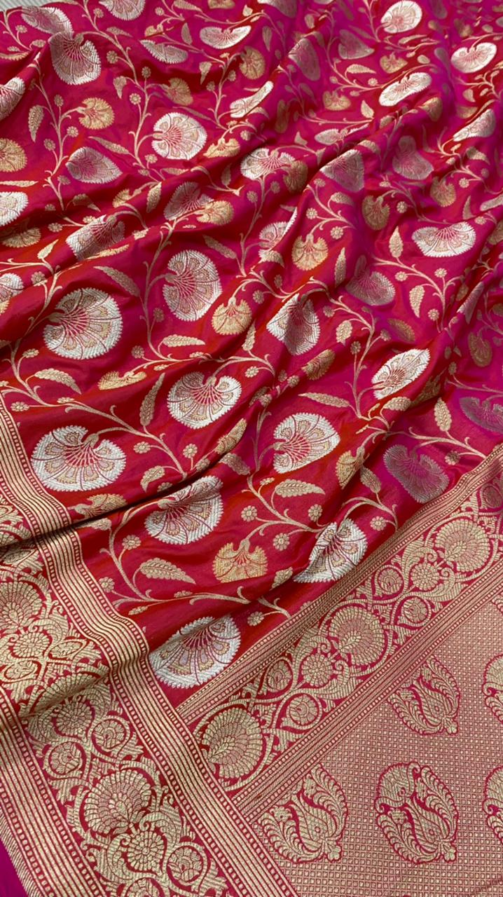 Red Color Pure Katan By Katan Kadhwa Weaved Silk Saree With Meenakari Work