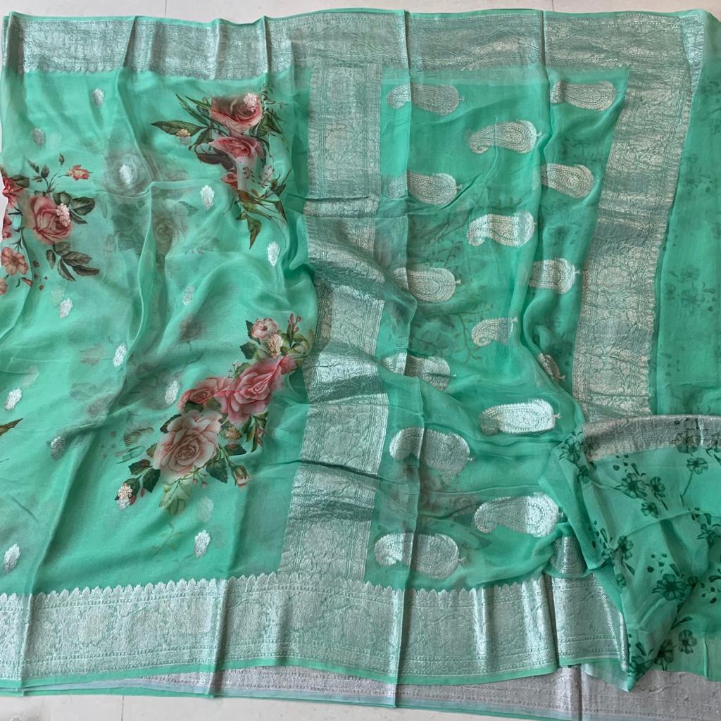 Pure Khaddi Georgette Digital Print Saree With Silk Mark Certificate ( length- 6.3 meter )