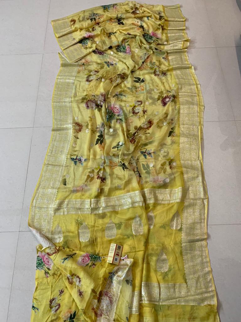 Pure Khaddi Georgette Digital Print Saree With Silk Mark Certificate ( length- 6.3 meter )