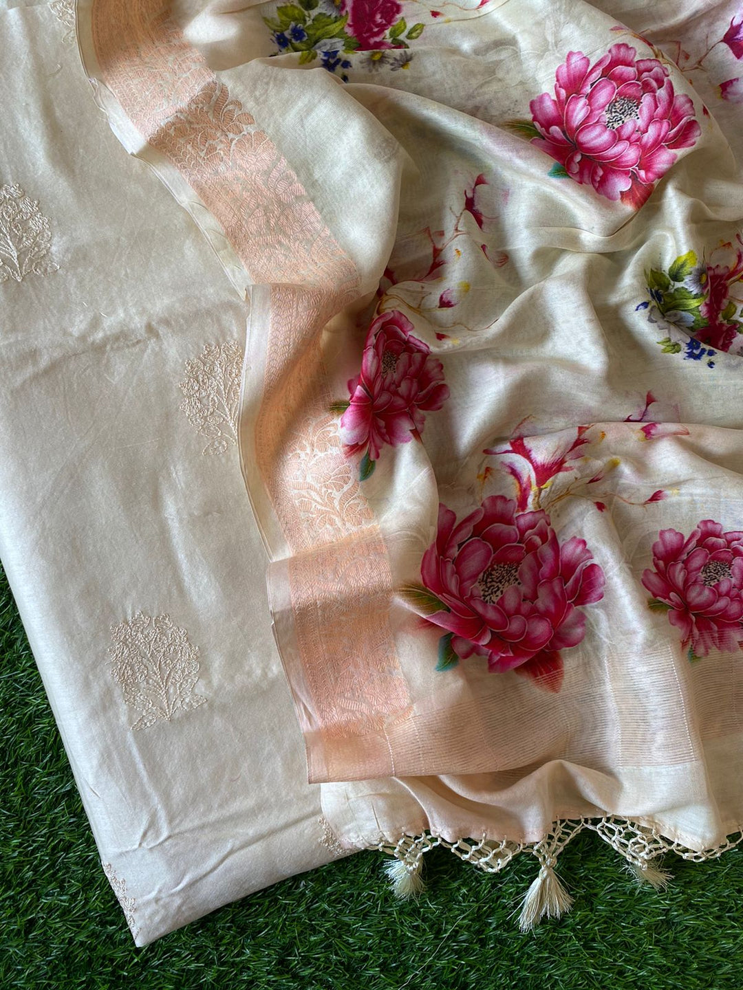 Pure Banarasi Resham Chanderi Buta Work Unstitched Suit With Floral print Dupatta