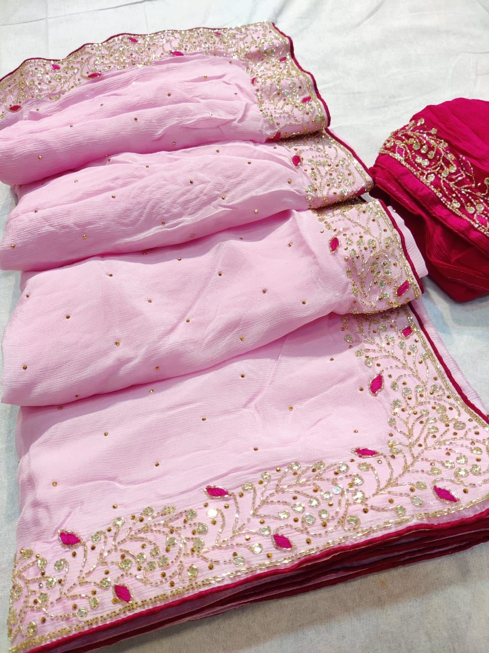 Pure chinon Jerkin work saree With Blouse.