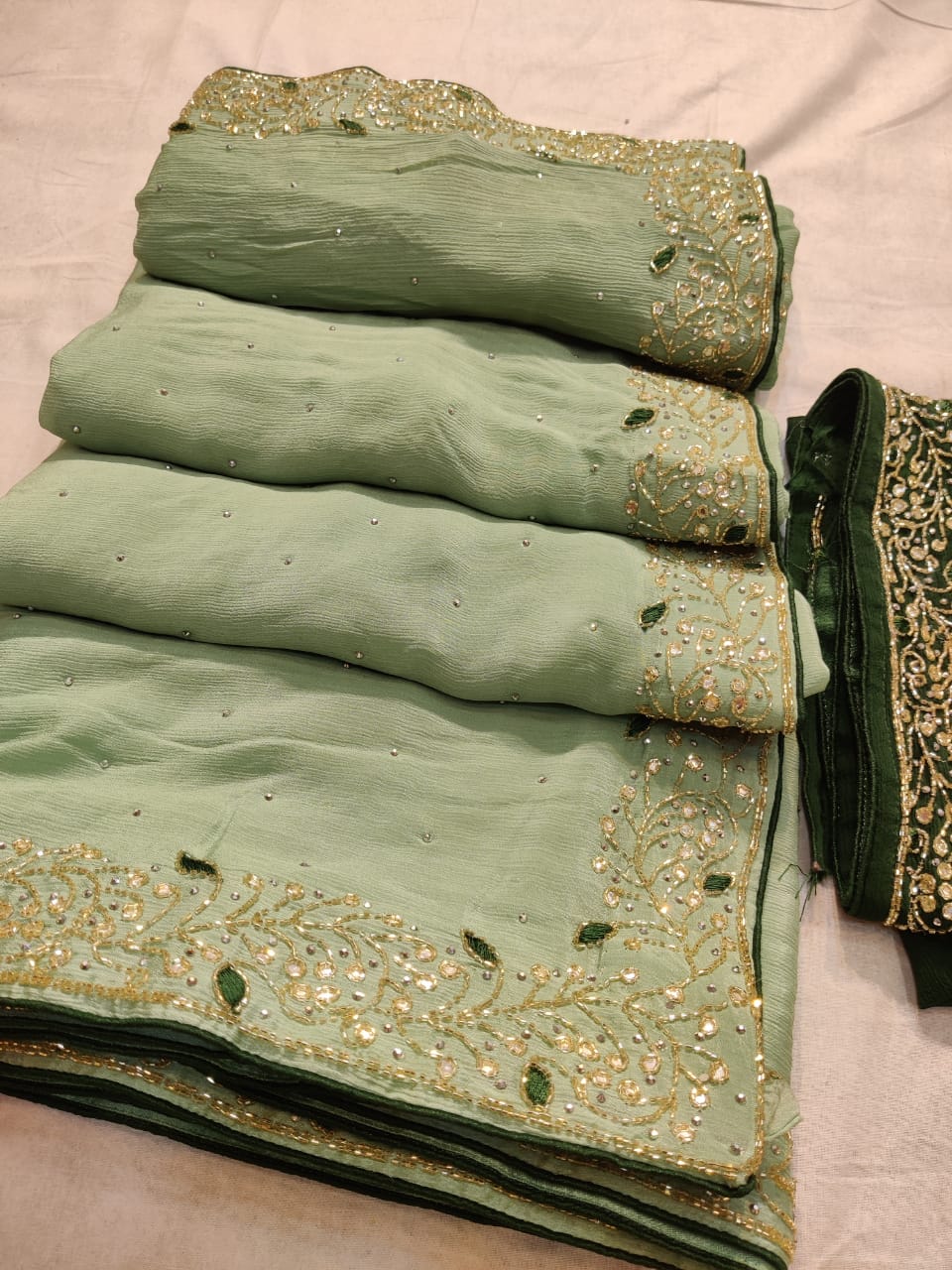 Pure chinon Jerkin work saree With Blouse.