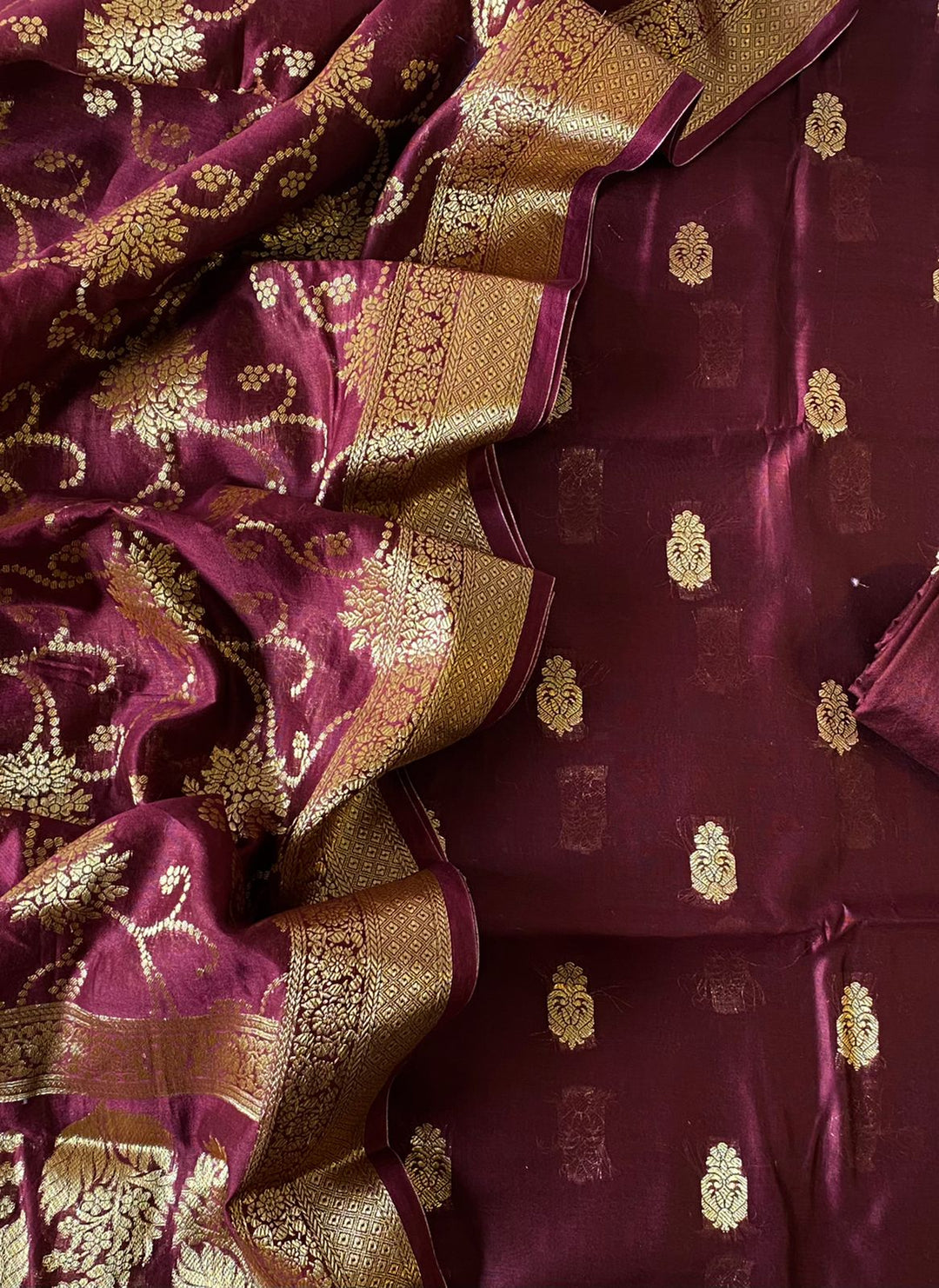 Pure Banarasi Resham Chanderi SilK Unstitched Suit With Resham Chandrei Jaal Work Dupatta