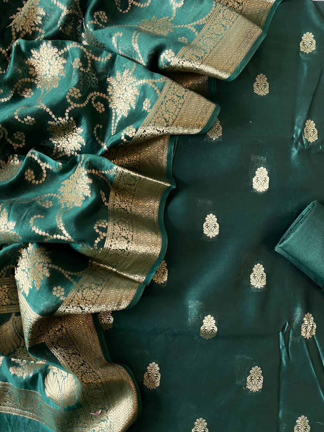 Pure Banarasi Resham Chanderi SilK Unstitched Suit With Resham Chandrei Jaal Work Dupatta
