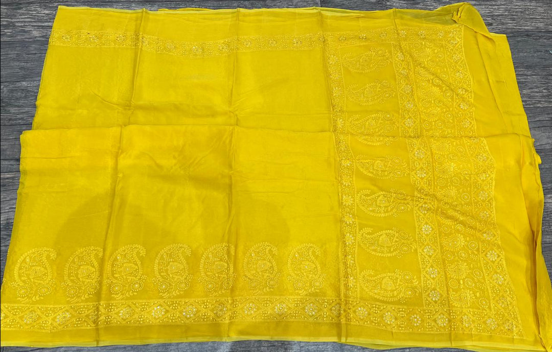 Pure Georgette Silk Chikankari Hand Embroidery Work Saree with Blouse.