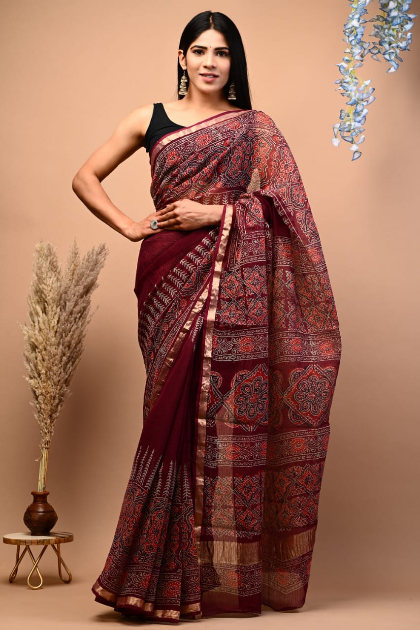 Pure Kota Doriya Hand Block Print saree with Blouse .