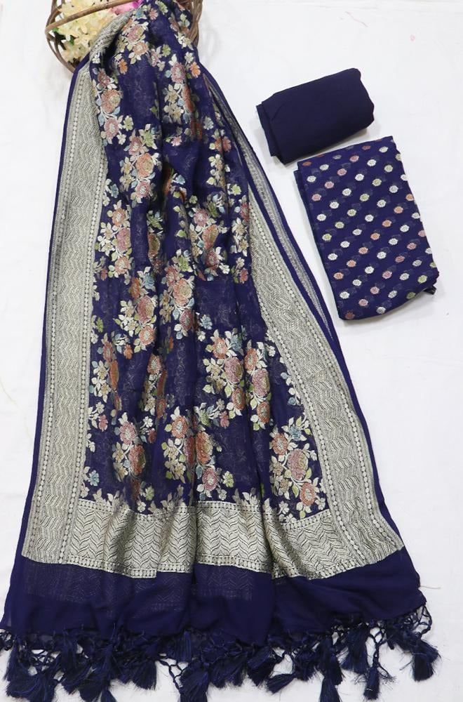 Pure Khaddi Georgette Zari Work Unstitched Suit With Water Zari Work Dupatta