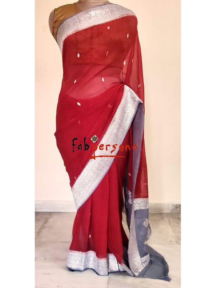 Pure Hand loom Khaddi Chiffon Georgette Saree with Silver Zari Weaving.( length- 6.3 meter )