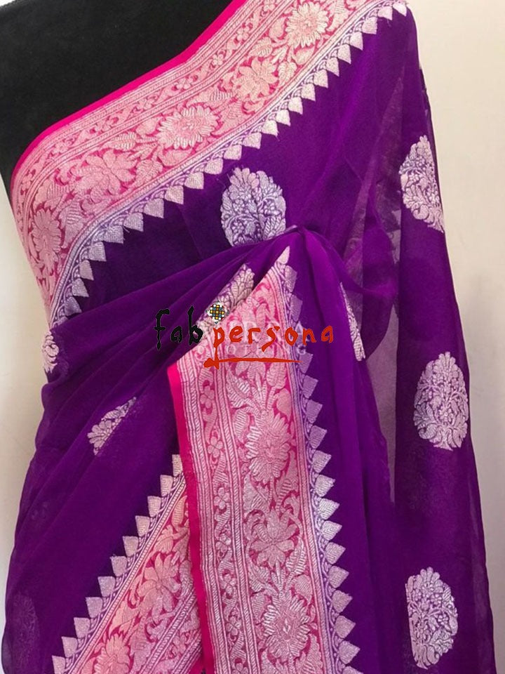 Pure Hand loom Khaddi Chiffon Georgette Saree with Silver Zari Weaving.( length- 6.3 meter )