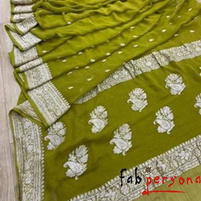 Olive Green Color Pure Hand loom Khaddi Chiffon Georgette Saree with Silver Zari Weaving